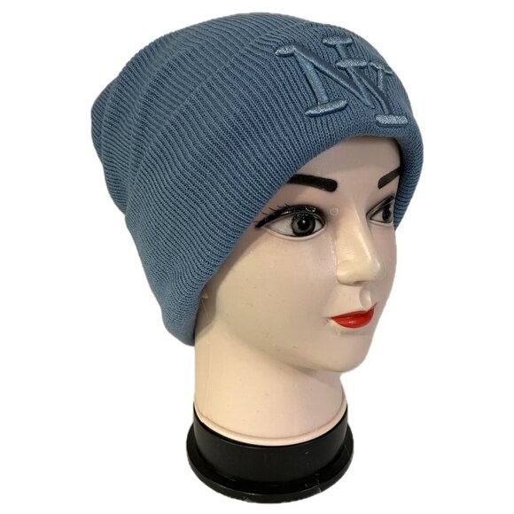 Embroidered NY Men Women Winter Knit Warm Fur lined Beanie Hat - Sea Blue - Picture 2 of 5